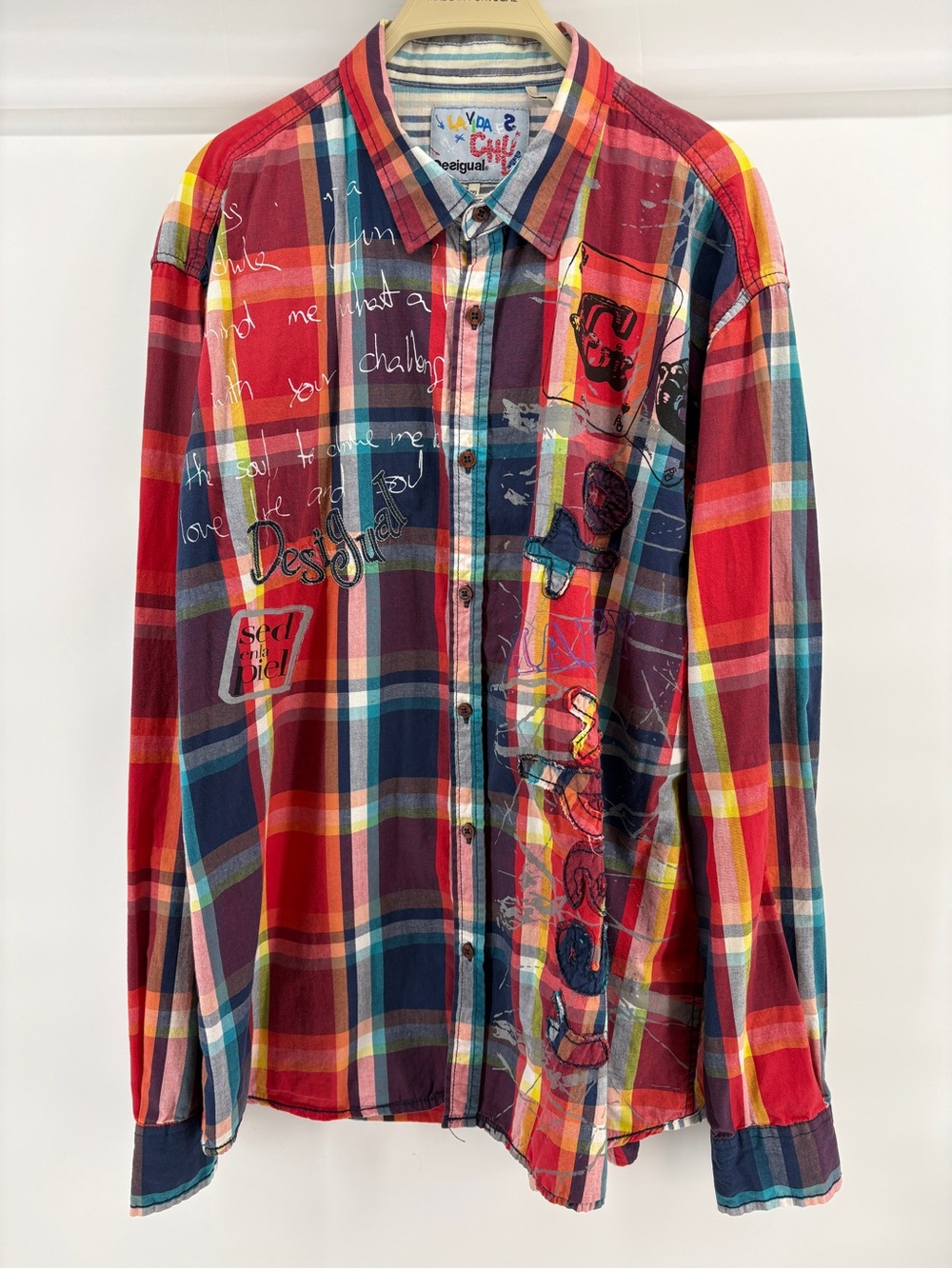 Desigual Men’s 2XL Plaid Graphic Button Up Shirt Long Sleeve Embroidered Artsy - Picture 1 of 10
